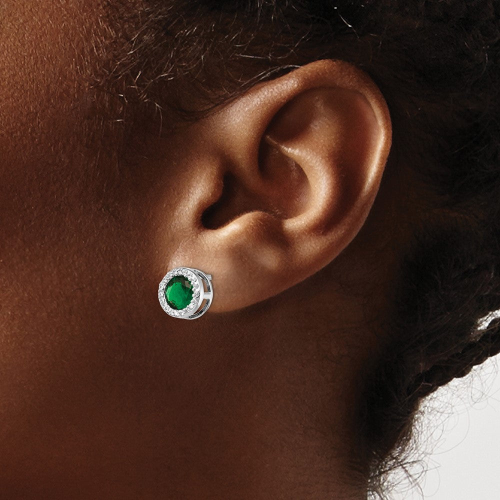 QCM959 Cheryl M Sterling Silver Rhodium-plated Brilliant-cut Green Glass and Brilliant-cut White CZ Halo Post Earrings