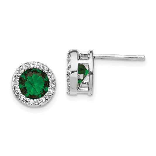 QCM959 Cheryl M Sterling Silver Rhodium-plated Brilliant-cut Green Glass and Brilliant-cut White CZ Halo Post Earrings