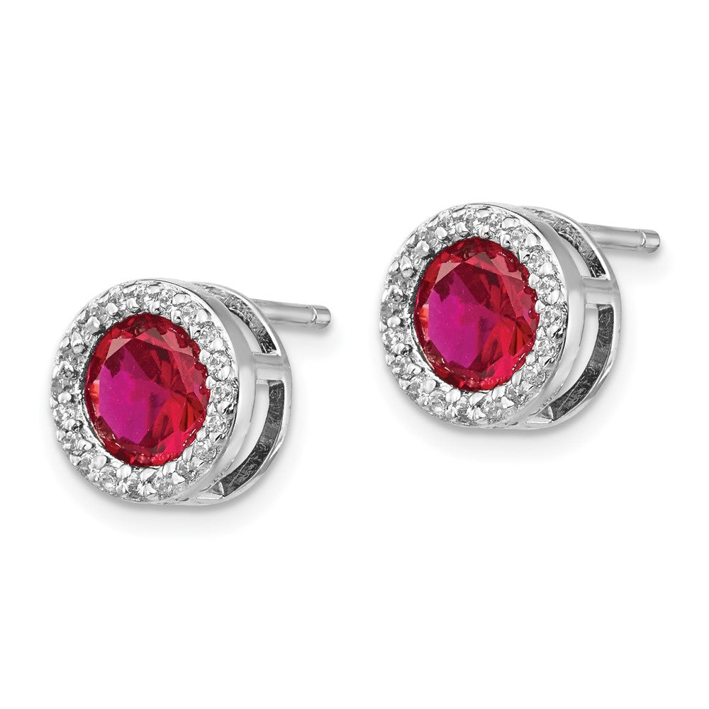 QCM960 Cheryl M Sterling Silver Rhodium-plated Brilliant-cut Lab Created Ruby and Brilliant-cut White CZ Round Halo Post Earrings