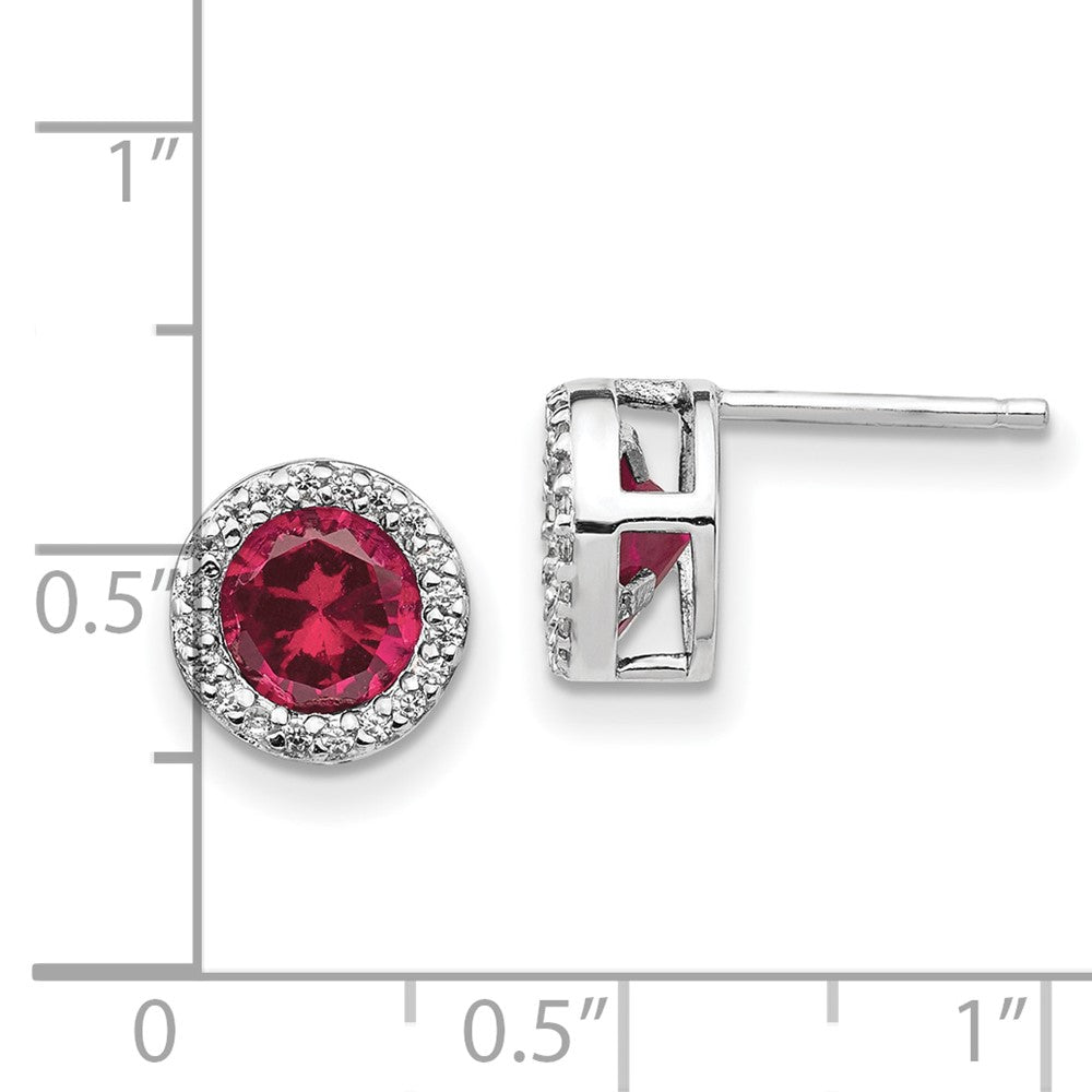 QCM960 Cheryl M Sterling Silver Rhodium-plated Brilliant-cut Lab Created Ruby and Brilliant-cut White CZ Round Halo Post Earrings