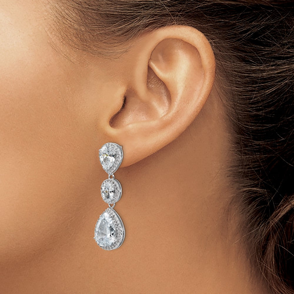 QCM969 Cheryl M Sterling Silver Rhodium-plated Brilliant-cut Three Teardrop CZ Halo Post Dangle Earrings