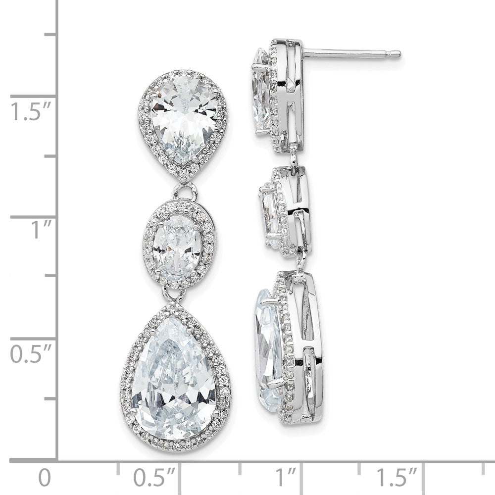 QCM969 Cheryl M Sterling Silver Rhodium-plated Brilliant-cut Three Teardrop CZ Halo Post Dangle Earrings