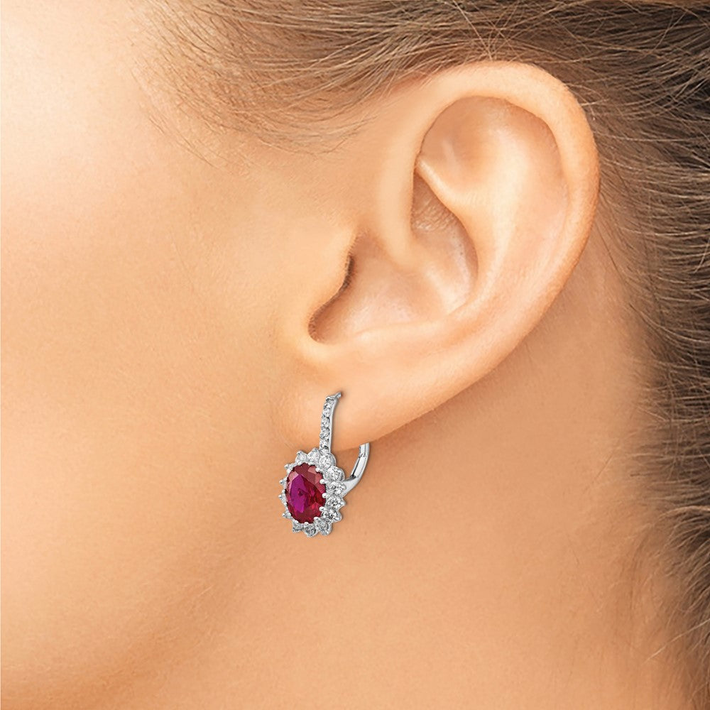 QCM981 Cheryl M Sterling Silver Rhodium-plated Brilliant-cut Lab Created Ruby and Brilliant-cut White CZ Oval Halo Leverback Earrings