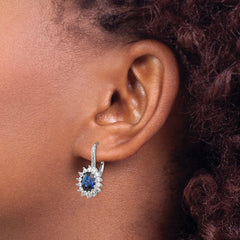 QCM982 Cheryl M Sterling Silver Rhodium-plated Brilliant-cut Lab Created Dark Blue Spinel and Brilliant-cut White CZ Oval Halo Leverback Earrings