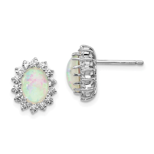 QCM999 Cheryl M Sterling Silver Rhodium-plated Cabochon Lab Created Opal and Brilliant-cut CZ Oval Halo Post Earrings