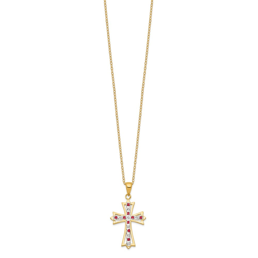 Diamond Fascination Diamond Mystique Sterling Silver 18K Gold-plated Diamond and Ruby Cross 18 Inch Necklace QDF128