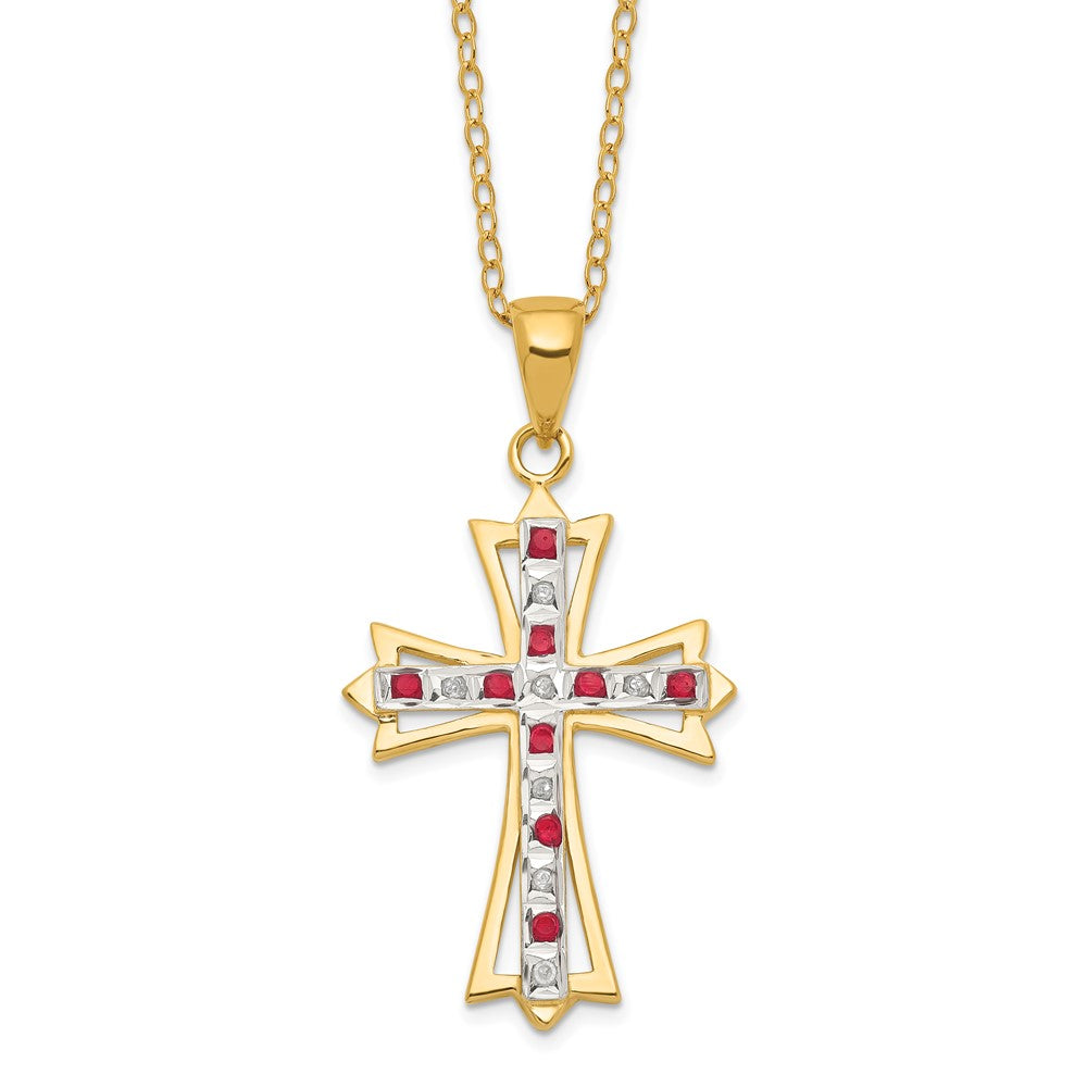 Diamond Fascination Diamond Mystique Sterling Silver 18K Gold-plated Diamond and Ruby Cross 18 Inch Necklace QDF128
