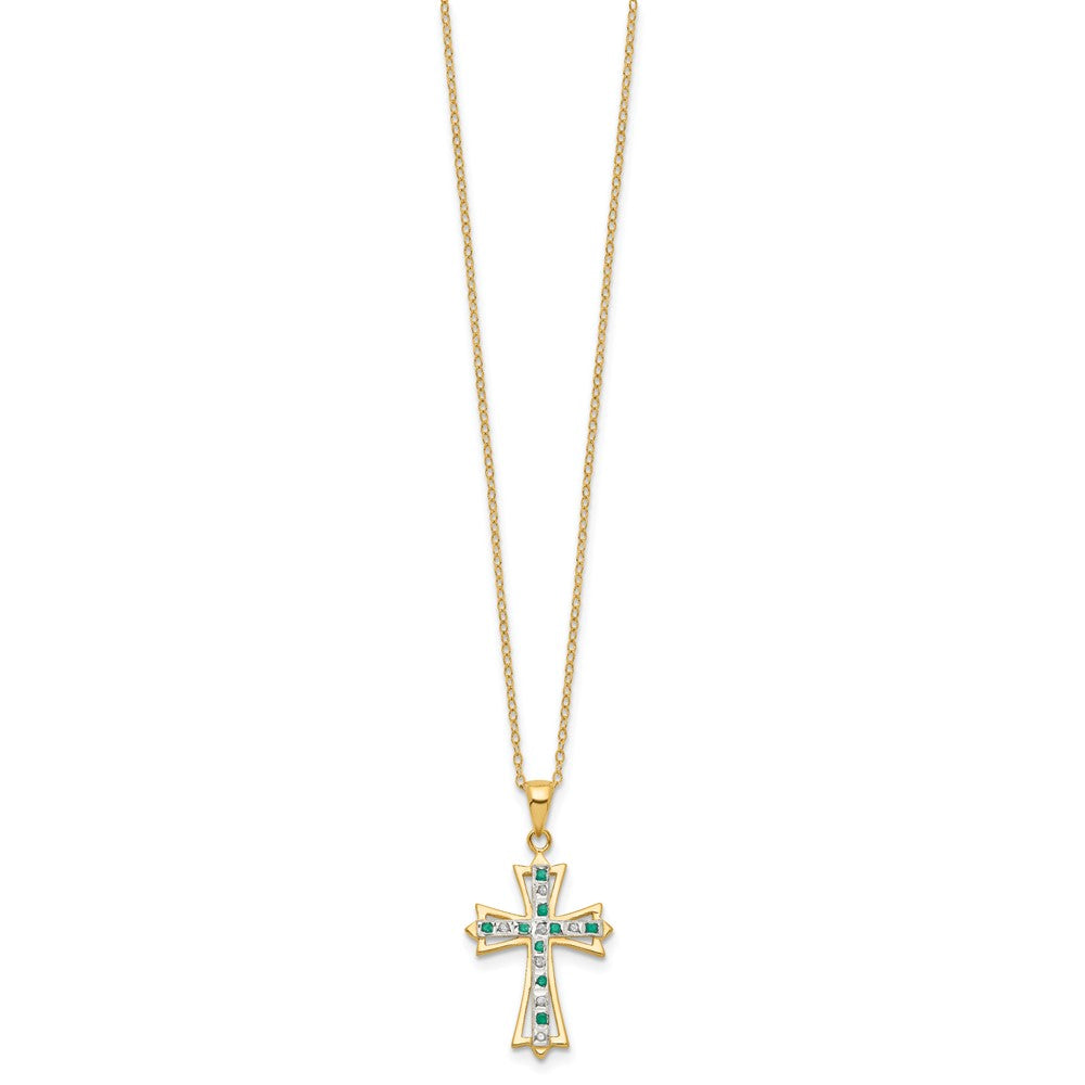 Diamond Fascination Diamond Mystique Sterling Silver 18K Gold-plated Diamond and Emerald Cross 18 Inch Necklace QDF130
