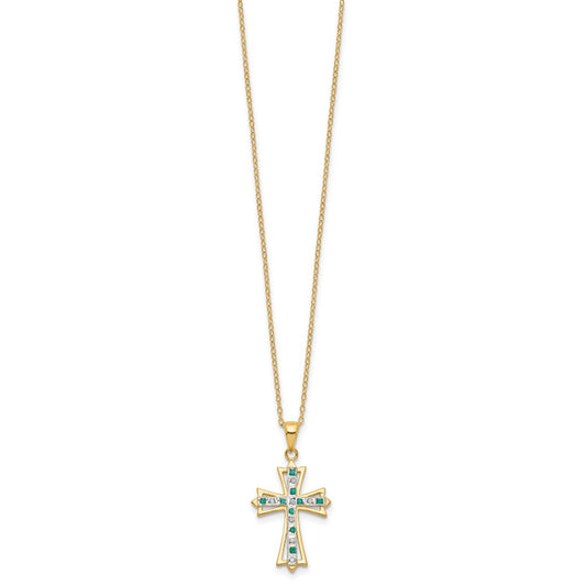Diamond Fascination Diamond Mystique Sterling Silver 18K Gold-plated Diamond and Emerald Cross 18 Inch Necklace QDF130