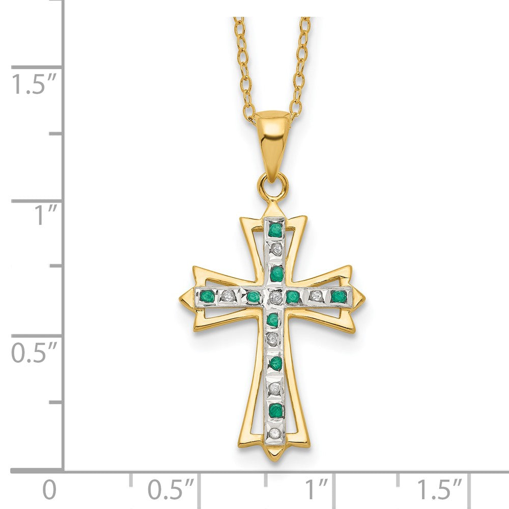 Diamond Fascination Diamond Mystique Sterling Silver 18K Gold-plated Diamond and Emerald Cross 18 Inch Necklace QDF130