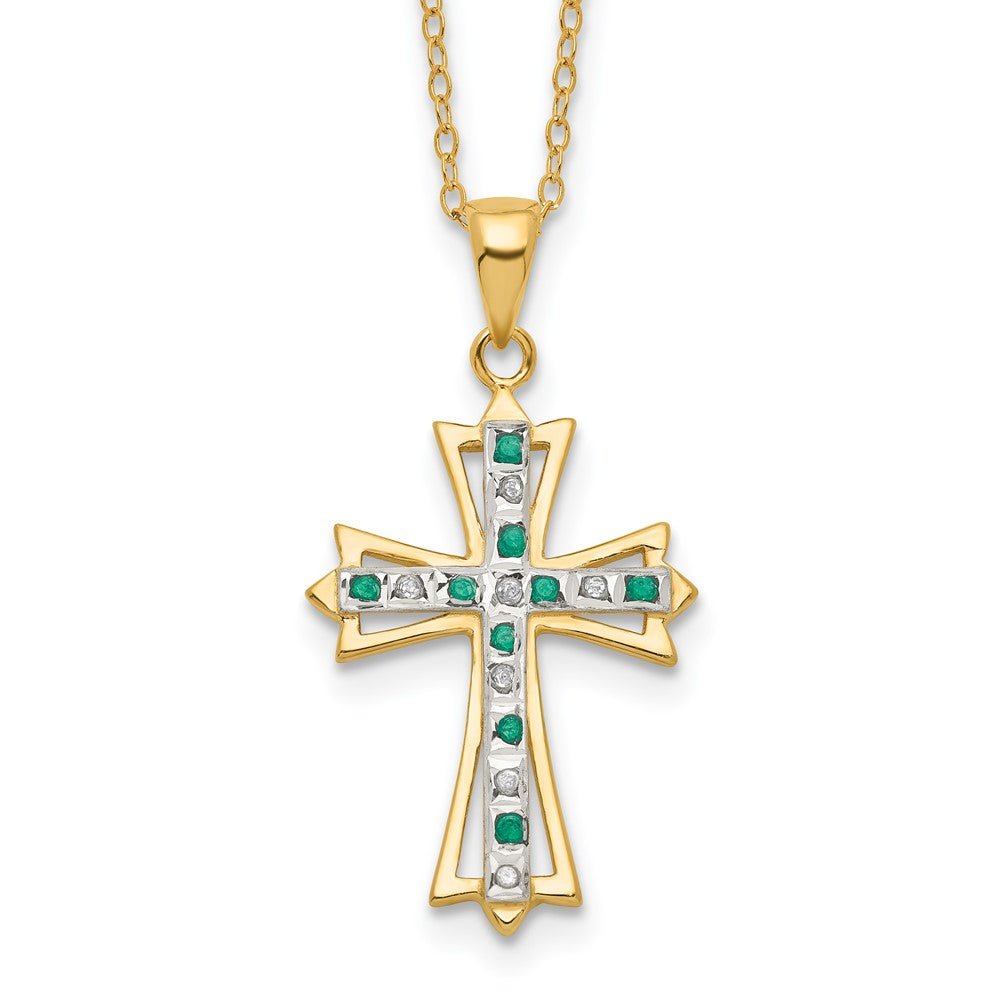 Diamond Fascination Diamond Mystique Sterling Silver 18K Gold-plated Diamond and Emerald Cross 18 Inch Necklace QDF130