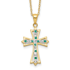 Diamond Fascination Diamond Mystique Sterling Silver 18K Gold-plated Diamond and Emerald Cross 18 Inch Necklace QDF130