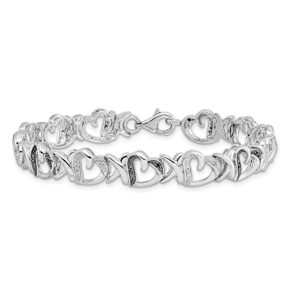 White Night Sterling Silver Rhodium-plated Black and White Diamond Heart 7.5 Inch Bracelet QDX1212