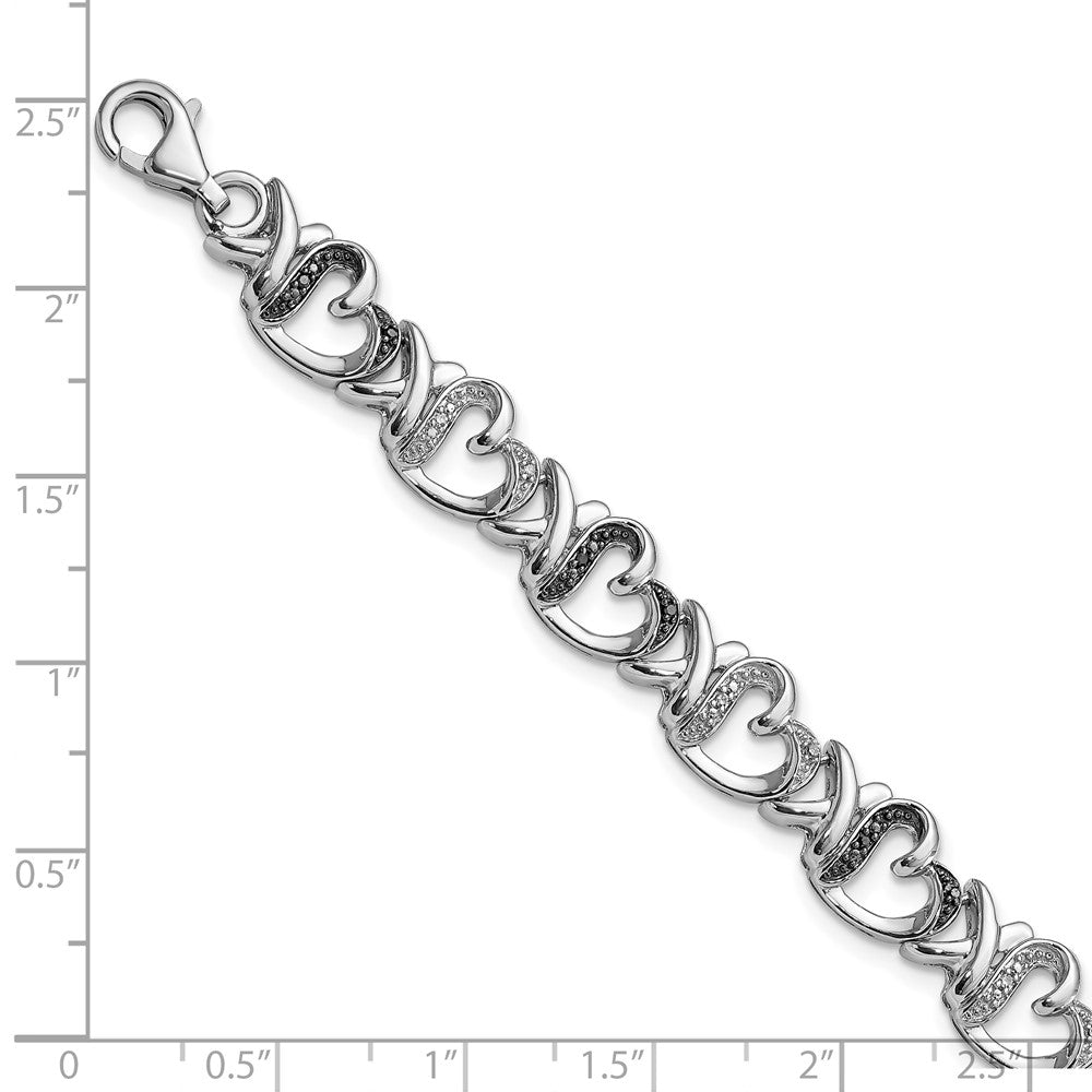 White Night Sterling Silver Rhodium-plated Black and White Diamond Heart 7.5 Inch Bracelet QDX1212