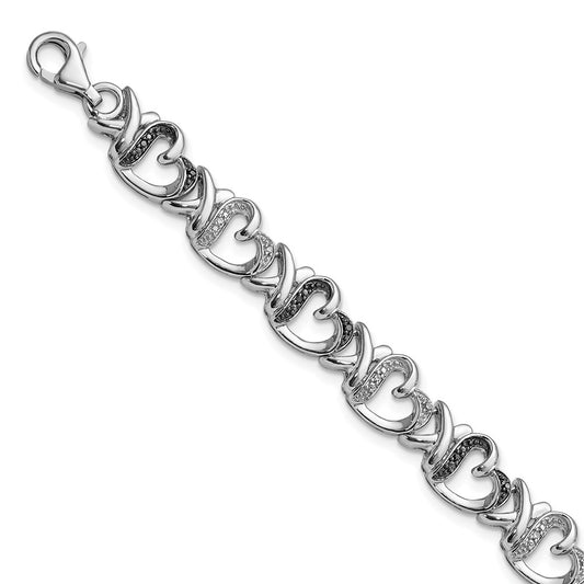 White Night Sterling Silver Rhodium-plated Black and White Diamond Heart 7.5 Inch Bracelet QDX1212