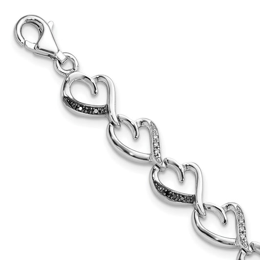 White Night Sterling Silver Rhodium-plated Black and White Diamond Heart Infinity 7.5 Inch Bracelet QDX1214