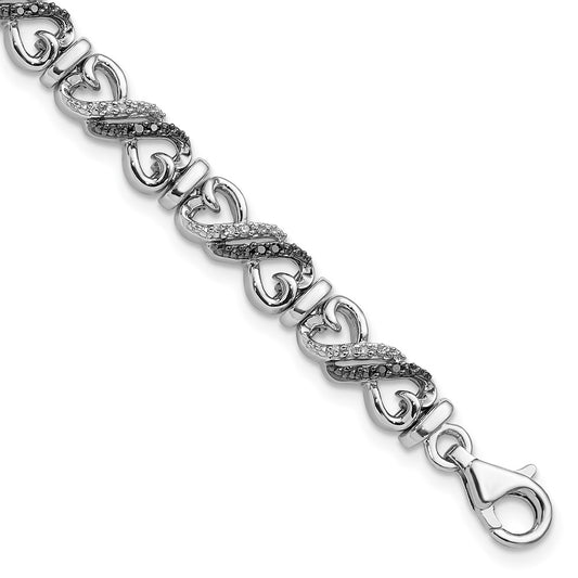 White Night Sterling Silver Rhodium-plated Black and White Diamond Infinity Heart 7.5 Inch Bracelet QDX1215