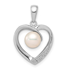 Sterling Silver Rhodium 6mm FW Cultured Pearl & Diamond Heart Pendant QDX301