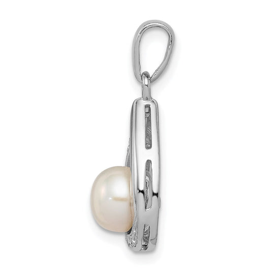 Sterling Silver Rhodium 6mm FW Cltrd Pearl & Diamond Teardrop Pendant QDX302