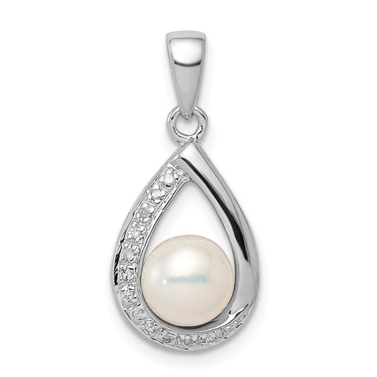 Sterling Silver Rhodium 6mm FW Cltrd Pearl & Diamond Teardrop Pendant QDX302