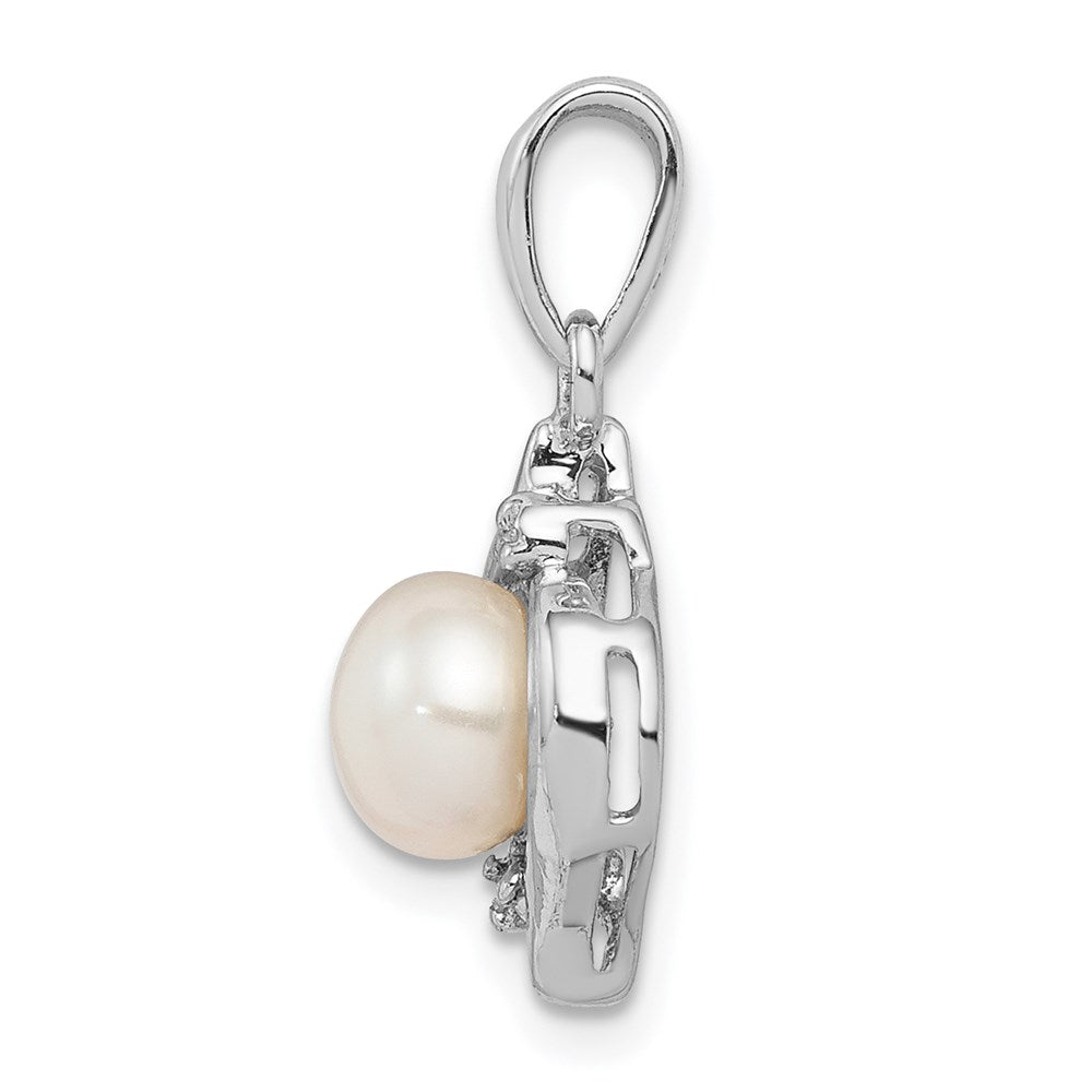 Sterling Silver Rhodium 6mm FW Cultured Pearl & Diamond Pendant QDX304