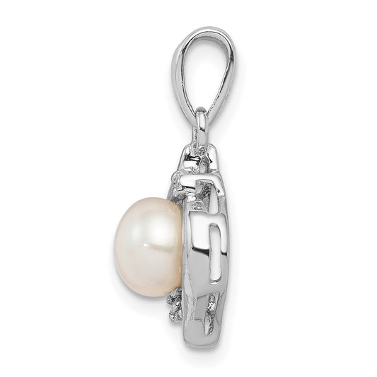 Sterling Silver Rhodium 6mm FW Cultured Pearl & Diamond Pendant QDX304