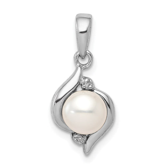 Sterling Silver Rhodium 6mm FW Cultured Pearl & Diamond Pendant QDX304