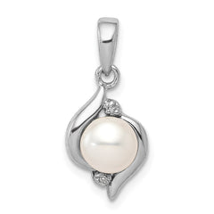 Sterling Silver Rhodium 6mm FW Cultured Pearl & Diamond Pendant QDX304