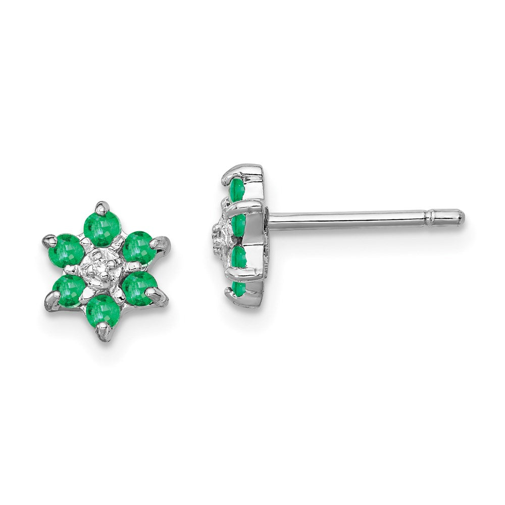 QDX307 Sterling Silver Rhodium Emerald & Diamond Post Earrings