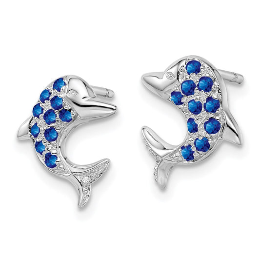 QDX308 Sterling Silver Rhodium Sapphire & Diamond Dolphin Post Earrings