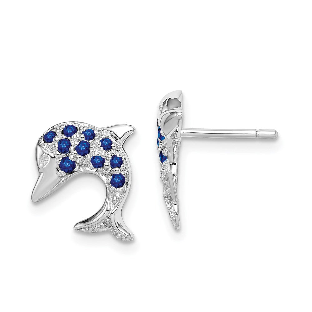 QDX308 Sterling Silver Rhodium Sapphire & Diamond Dolphin Post Earrings