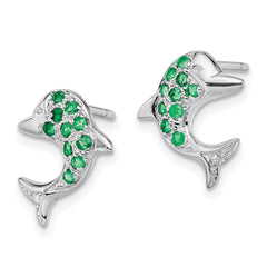 QDX309 Sterling Silver Rhodium Emerald & Diamond Dolphin Post Earrings