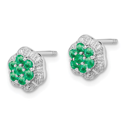 QDX316 Sterling Silver Rhodium Emerald & Diamond Post Earrings