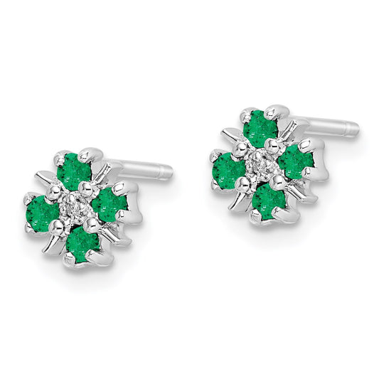 QDX320 Sterling Silver Rhodium Emerald & Diamond Post Earrings