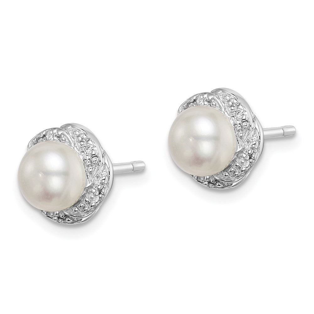 QDX324 Sterling Silver Rhodium FW Cultured Pearl & Diamond Post Earrings