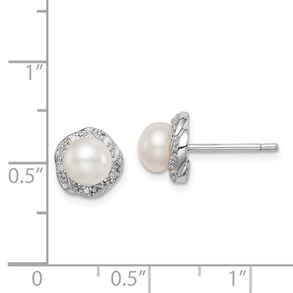 QDX324 Sterling Silver Rhodium FW Cultured Pearl & Diamond Post Earrings