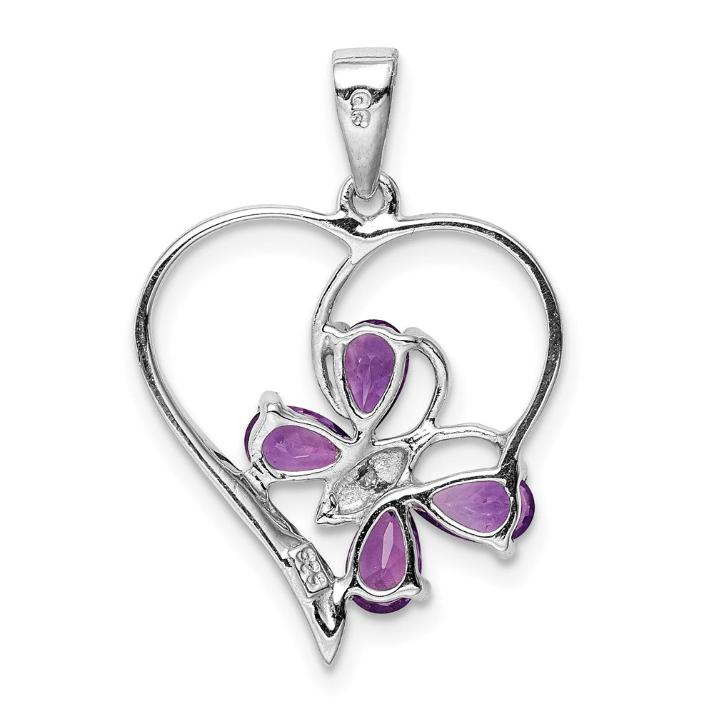 Sterling Silver RH Plated Amethyst and Diamond Butterfly Heart Pendant QDX366