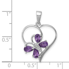Sterling Silver RH Plated Amethyst and Diamond Butterfly Heart Pendant QDX366