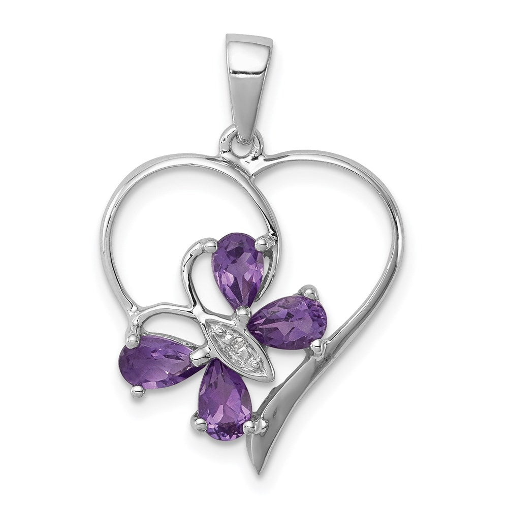 Sterling Silver RH Plated Amethyst and Diamond Butterfly Heart Pendant QDX366