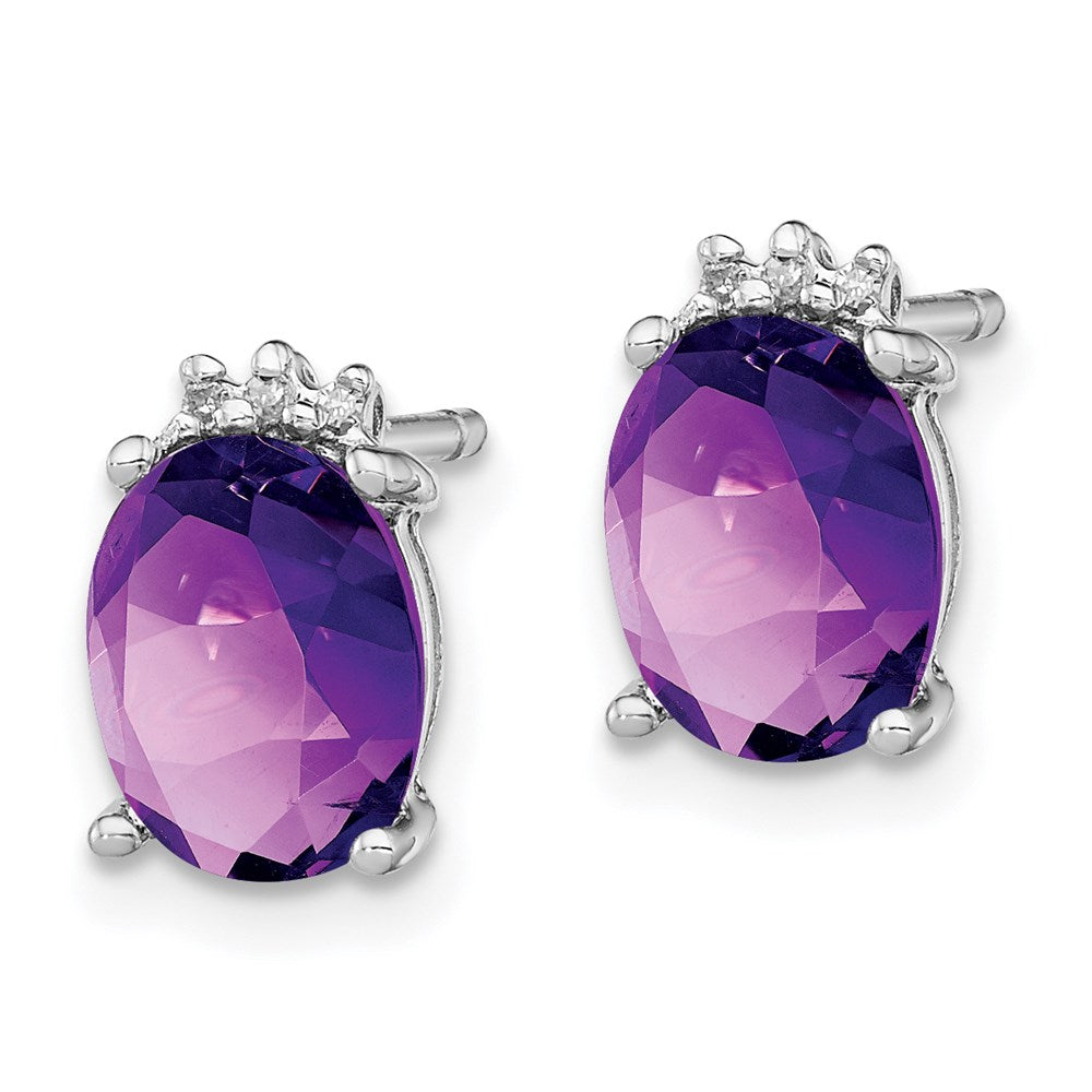 QDX368 Sterling Silver Rhodium Plated Oval Amethyst and Diamond Post Earrings
