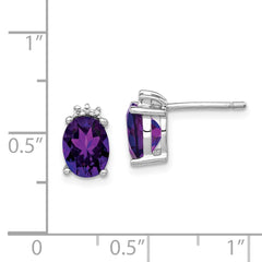 QDX368 Sterling Silver Rhodium Plated Oval Amethyst and Diamond Post Earrings
