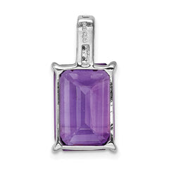 Sterling Silver Rhodium Emerald-cut Amethyst & Diamond Pendant QDX384
