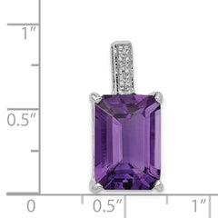 Sterling Silver Rhodium Emerald-cut Amethyst & Diamond Pendant QDX384