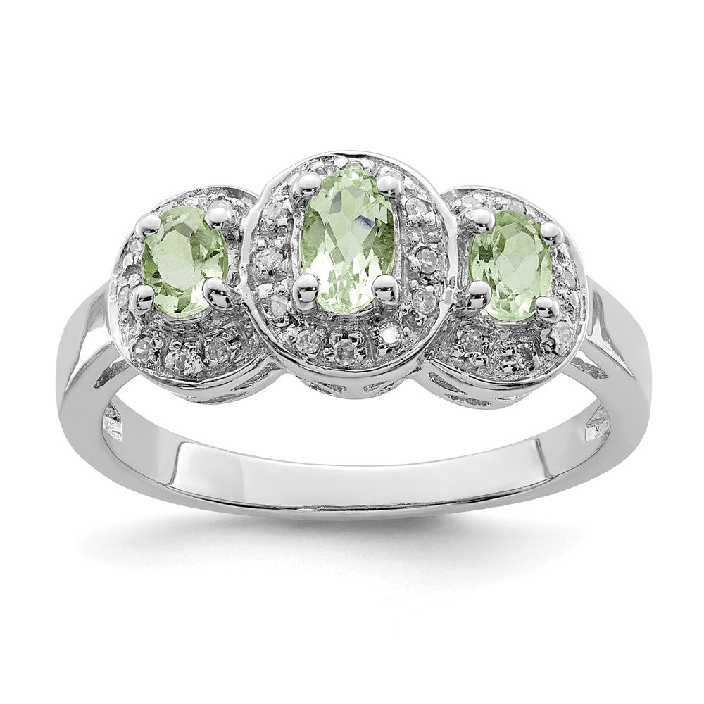 Sterling Silver Rhodium Green Quartz & Diamond Ring