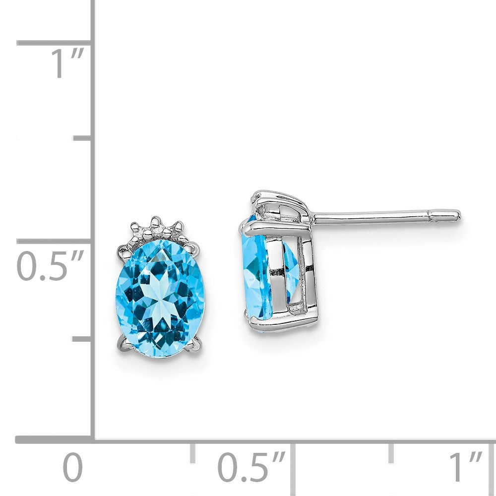 QDX507 Sterling Silver Rhodium Plated Oval Blue Topaz and Diamond Post Earrings