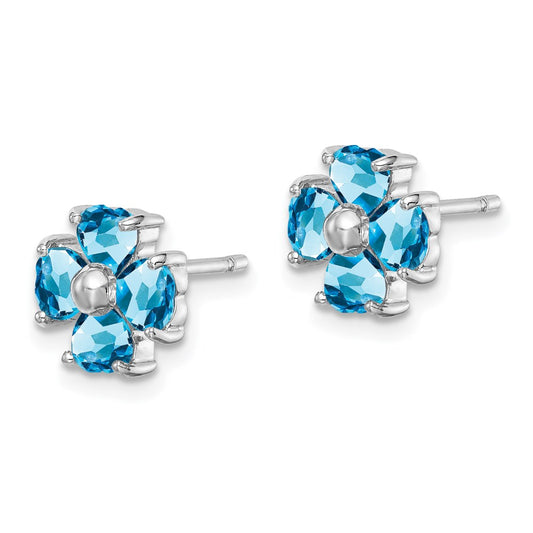 QDX511 Sterling Silver Rhodium Plated Blue Topaz Flower Post Earrings