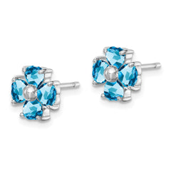 QDX511 Sterling Silver Rhodium Plated Blue Topaz Flower Post Earrings