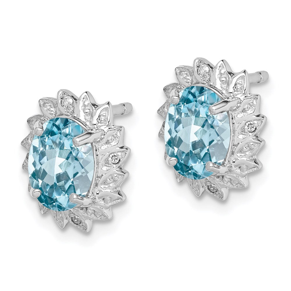 QDX520 Sterling Silver Rhodium Plated Blue Topaz and Diamond Post Earrings