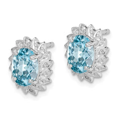 QDX520 Sterling Silver Rhodium Plated Blue Topaz and Diamond Post Earrings