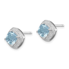 QDX521 Sterling Silver Rhodium Plated Blue Topaz and Diamond Post Earrings